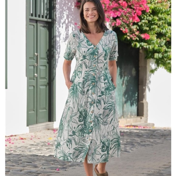 WoolOvers button through linen dress sketched linear floral pattern 14 - Picture 2 of 9